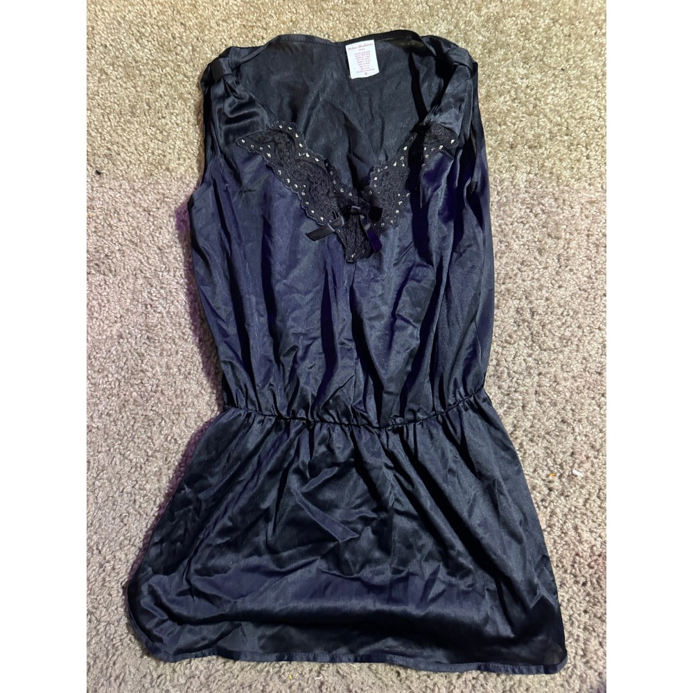 Petra Fashions Vintage Black Nylon Nightgown Lace Trim Elastic Waist Medium - Picture 2 of 5